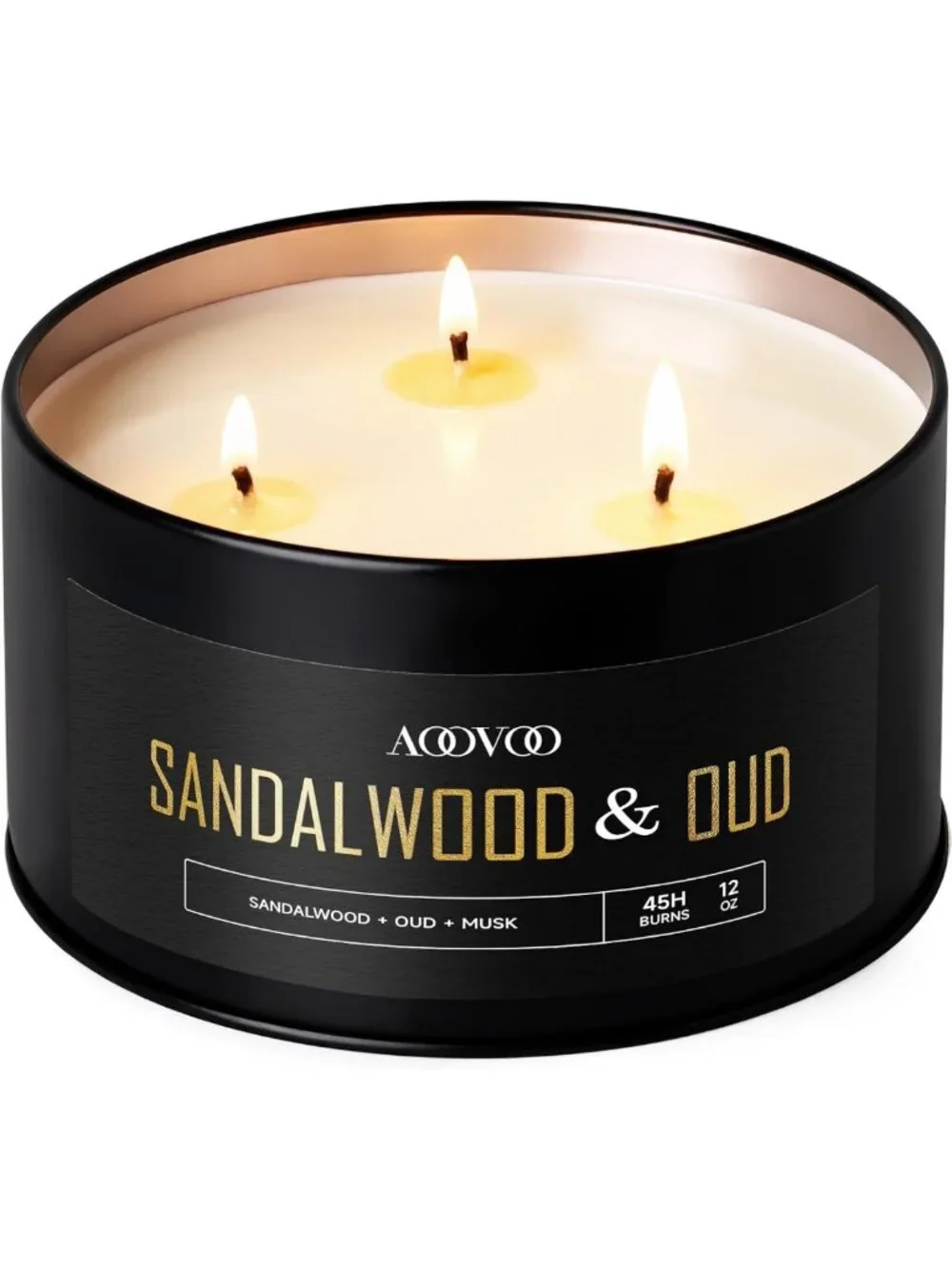 Luxury Sandalwood Oud Scented Candle - 3 Wick, 12oz Black Candle for Men